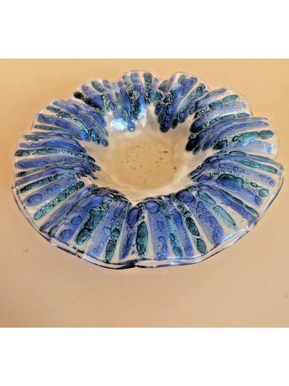 Vintage Murano Art Glass Bowl Blue/Green Forced Bubble 1960's